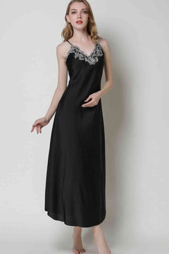 Full Size Lace Trim V-Neck Spaghetti Strap Satin Night Dress