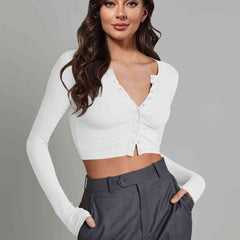 Double Take Button Down Long Sleeve Cropped Top