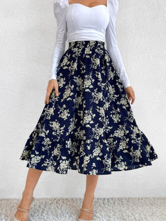 Printed Ruffle Hem Midi Skirt