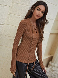 Textured Lace-Up V-Neck Long Sleeve T-Shirt