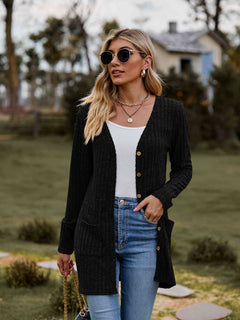 Ribbed Button-Up Cardigan with Pockets