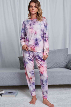 Tie-Dye Crewneck Top and Drawstring Waist Joggers Lounge Set