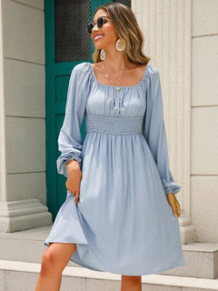 Off-Shoulder Balloon Sleeve Smocked Dress