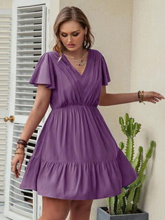 Double Take Plus Size Ruffle Hem V-Neck Short Sleeve Dress