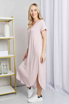 Heimish Full Size Horizontal Stripe Side Slit V-Neck Dress