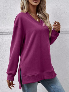 V-Neck Slit Long Sleeve Sweatshirt