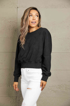 Double Take Round Neck Open Back Sweatshirt