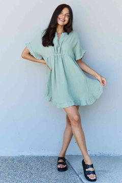 Ninexis Out Of Time Full Size Ruffle Hem Dress with Drawstring Waistband in Light Sage