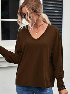 Decorative Button V-Neck Long Sleeve T-Shirt