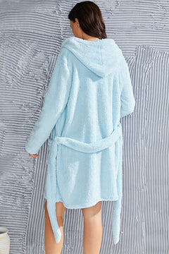 Fuzzy Tied Pocketed Hooded Lounge Nightgown