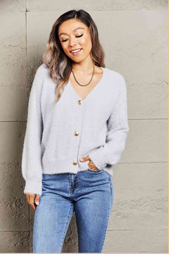 Double Take Fuzzy Long Sleeve Button Down Cardigan