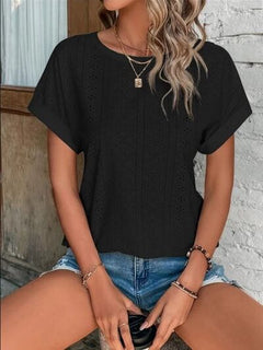 Eyelet Round Neck Short Sleeve T-Shirt