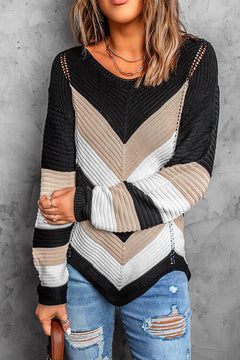 Eyelet Color Block Long Sleeve Sweater