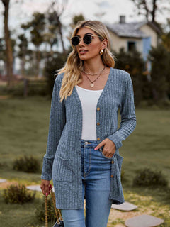 Ribbed Button-Up Cardigan with Pockets