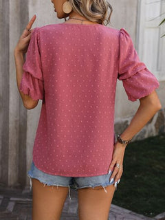 Swiss Dot V-Neck Short Sleeve Blouse