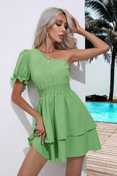 Layered Single Shoulder Flounce Sleeve Mini Dress