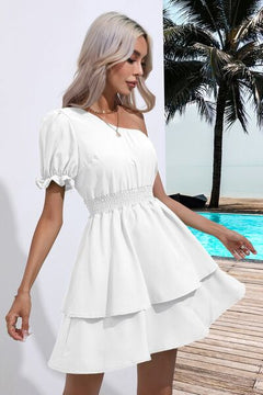 Layered Single Shoulder Flounce Sleeve Mini Dress