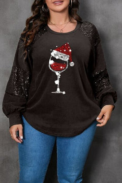 Plus Size Graphic Sequin Long Sleeve Round Neck T-Shirt