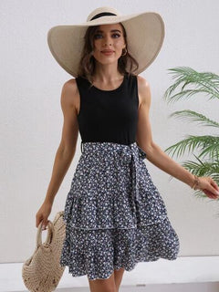 Printed Ruffled Round Neck Layered Dress