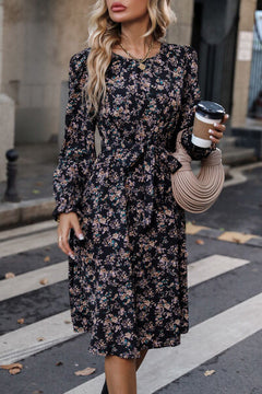 Printed Round Neck Flounce Sleeve Dress