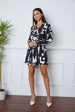 Geometric V-Neck Roll-Tab Sleeve Mini Dress