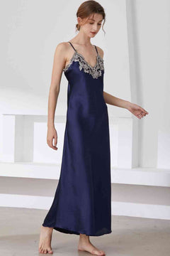 Full Size Lace Trim V-Neck Spaghetti Strap Satin Night Dress