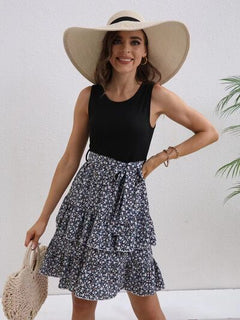 Printed Ruffled Round Neck Layered Dress