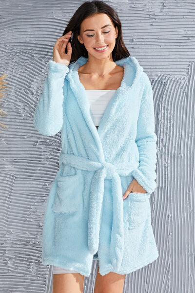 Fuzzy Tied Pocketed Hooded Lounge Nightgown