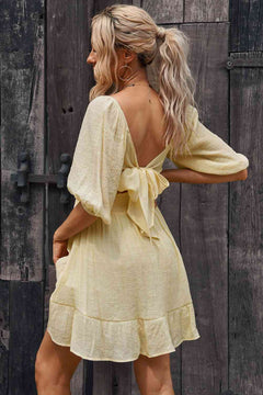 Tie-Back Ruffled Hem Square Neck Mini Dress